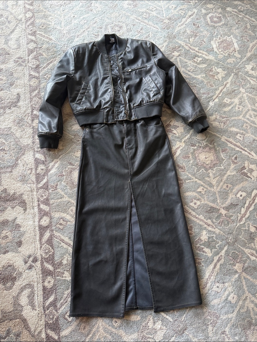 H&M Black Faux Leather Bomber Jacket and Maxi Skirt Set